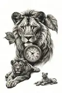 clock and lion and lion cub tattoo design idea