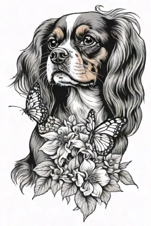 cavalier king charles spaniel playing in flowers with butterflies tattoo design idea