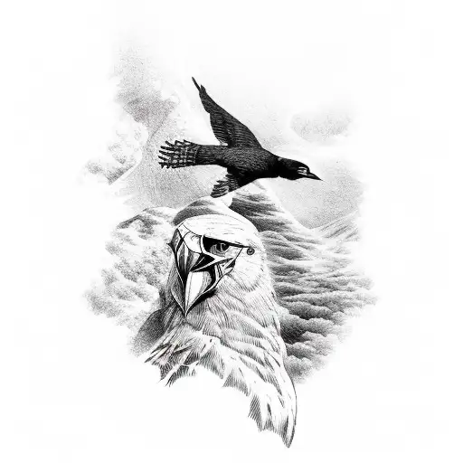 huginn and muninn soaring over odins head, with geri and freki at his sides while in the background  jormungandr  tattoo design idea