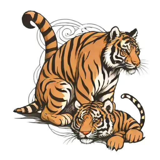 mother tiger and cub hugging tattoo design idea