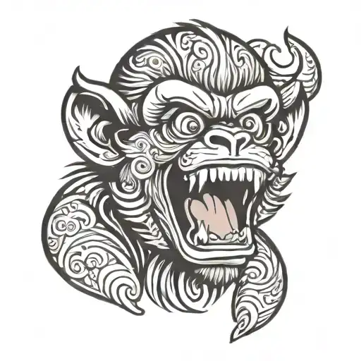monkey with mouth open. wearing a barong demon on head tattoo design idea