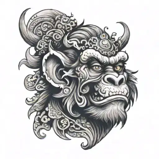 monkey with mouth open. wearing a barong demon on head tattoo design idea