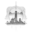 Inuit statue with the skyline of Montreal and skyline of Toronto tattoo design idea