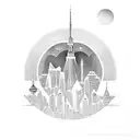 Inuit statue with the skyline of Montreal and skyline of Toronto tattoo design idea