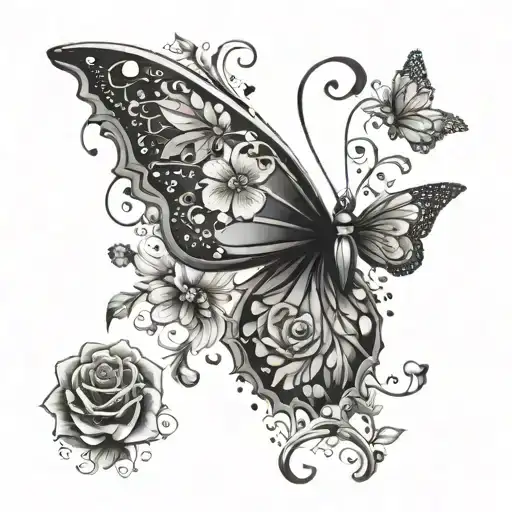 flowers with butterfly wings and jewelry ornament tatoo tattoo design idea