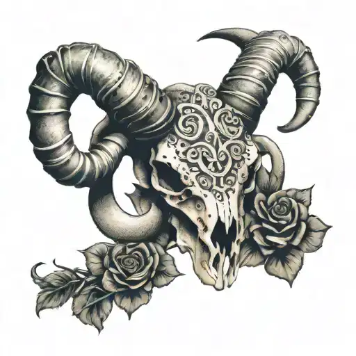ram skull with chain and roses intertwined tattoo design idea