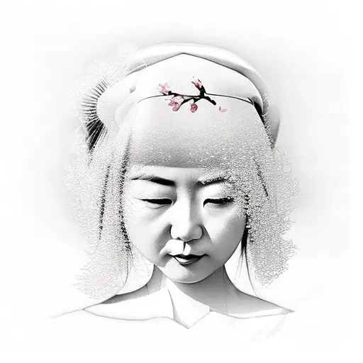 traditional Japanese lady in front of a photo realistic cherry blossom tree  tattoo design idea