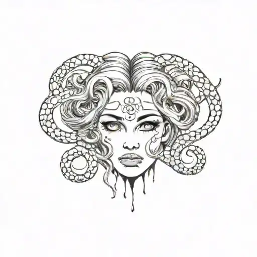 Medusa tattoo with defined eye brows , pretty eyes, a septum piercing And neat snakes hair tattoo design idea