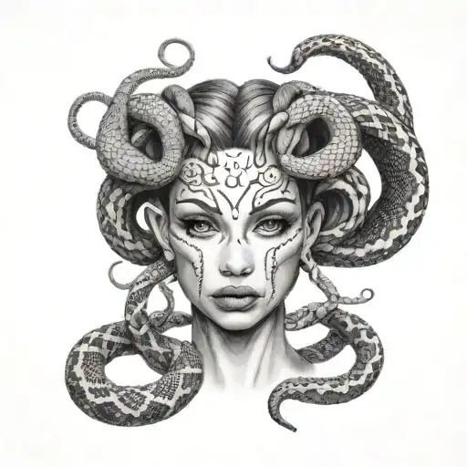 Medusa tattoo with defined eye brows , pretty eyes, a septum piercing And neat snakes hair tattoo design idea