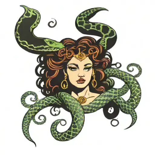 Medusa tattoo with defined eye brows , pretty eyes, a septum piercing And neat snakes hair tattoo design idea