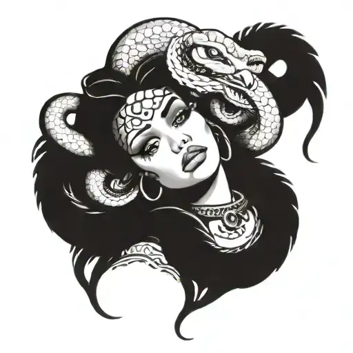 Medusa tattoo with defined eye brows , pretty eyes, a septum piercing And neat snakes hair tattoo design idea
