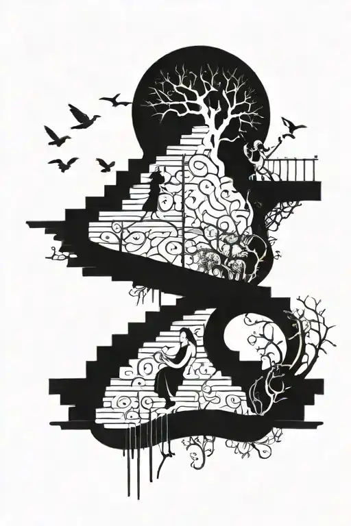 staircase with fork and tree and lady and mouth and bird and flute tattoo design idea