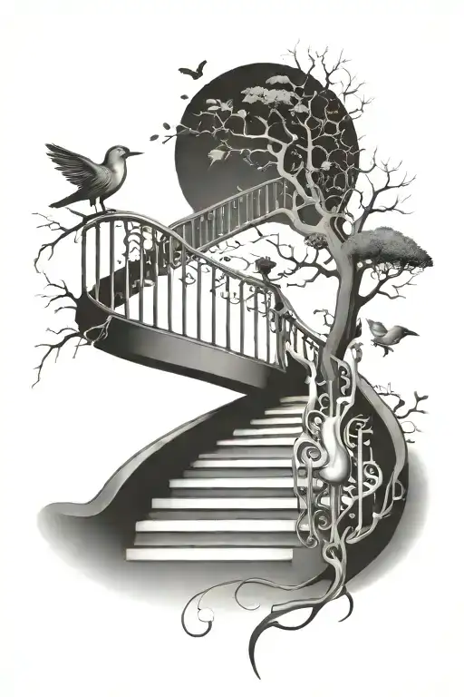 staircase with fork and tree and lady and mouth and bird and flute tattoo design idea