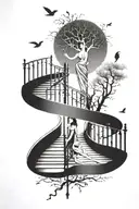 staircase with fork and tree and lady and mouth and bird and flute tattoo design idea