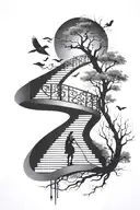 staircase with fork and tree and lady and mouth and bird and flute tattoo design idea