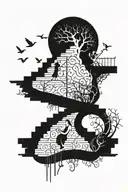 staircase with fork and tree and lady and mouth and bird and flute tattoo design idea