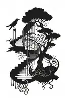 staircase with fork and tree and lady and mouth and bird and flute tattoo design idea
