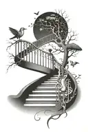 staircase with fork and tree and lady and mouth and bird and flute tattoo design idea