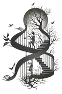 staircase with fork and tree and lady and mouth and bird and flute tattoo design idea