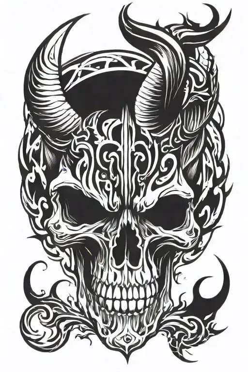 Canine Skull with Devil Horns and Flames Around It tattoo design idea
