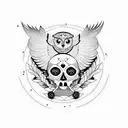 flying owl grabbing a sugar skull through the eyes tattoo design idea