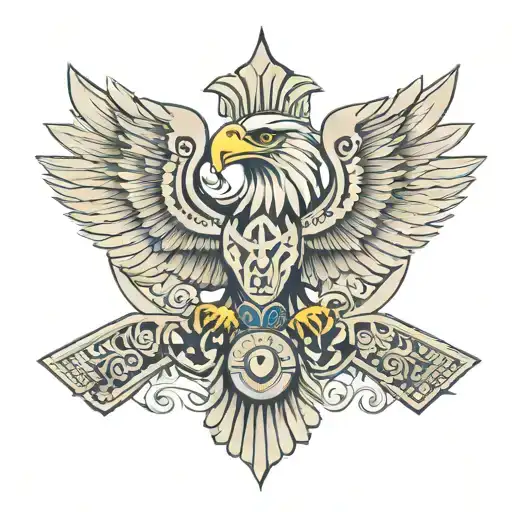 Aztec chest plate eagle with snake in mouth center wings outstretched, Aztec temple on right,coco can on left  tattoo design idea