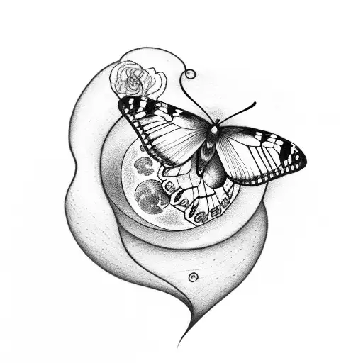 butterfly with bleeding heart flower scenery and moon tattoo design idea