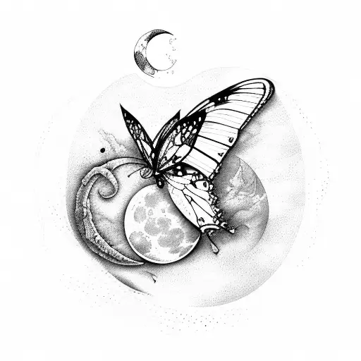 butterfly with bleeding hearts scenery and moon tattoo design idea