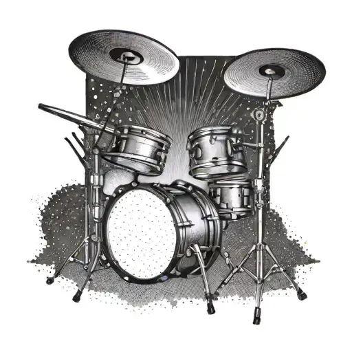 A drum set with sun rays emanating from behind it in a dotwork style tattoo design idea