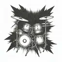 A drum set with sun rays emanating from behind it in a dotwork style tattoo design idea