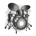 A drum set with sun rays emanating from behind it in a dotwork style tattoo design idea
