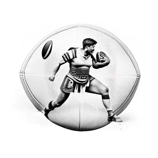 A fierce Roman warrior holding a rugby ball tattoo design idea