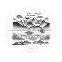 A boxing ring surrounded by a serene water landscape with mountains in the background tattoo design idea