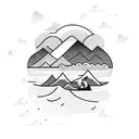 A boxing ring surrounded by a serene water landscape with mountains in the background tattoo design idea