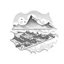 A boxing ring surrounded by a serene water landscape with mountains in the background tattoo design idea