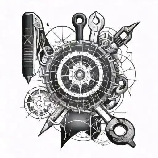 tools and blueprints in a curcular form tattoo design idea