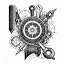 tools and blueprints in a curcular form tattoo design idea