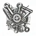 tools and blueprints in a curcular form tattoo design idea