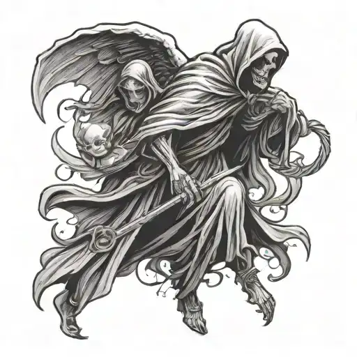 grim reaper dragging man holding a baby angel tattoo design idea