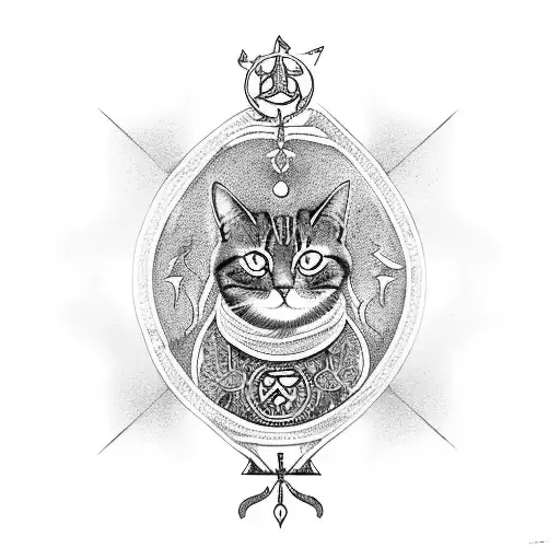 A cat with intricate tarot card patterns on its fur, surrounded by mystical symbols tattoo design idea