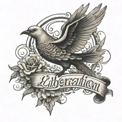 A detailed illustration of a pen transforming into a dove, flying over a field of wildflowers with the word 'liberation' written in elegant script tattoo design idea