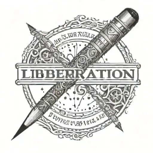 A pencil developing into a weapon with the word liberation in arabic  tattoo design idea