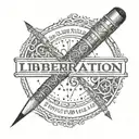 A pencil developing into a weapon with the word liberation in arabic  tattoo design idea