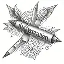 A pencil developing into a weapon with the word liberation in arabic  tattoo design idea