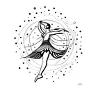 A graceful dancer merging with celestial bodies in a cosmic ballet tattoo design idea