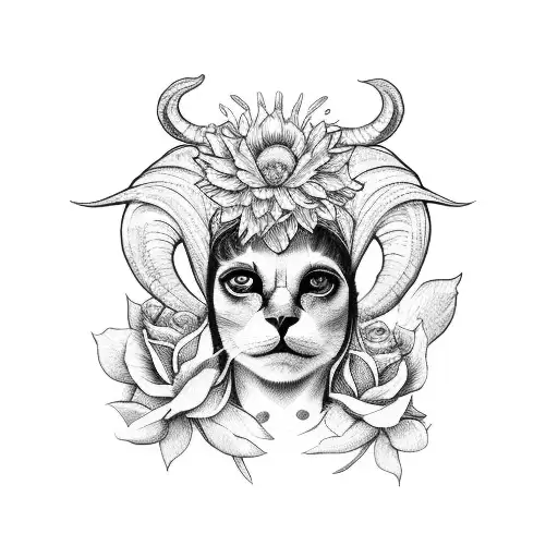 woman with ram skull on her head surounded by flowers flowers vith a cat tattoo design idea