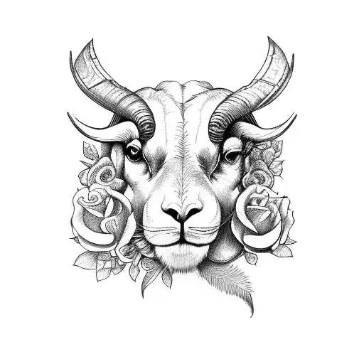 woman with ram skull flowers and cat tattoo design idea
