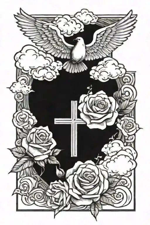 clouds, cross, rose, dove, bible verse tattoo design idea