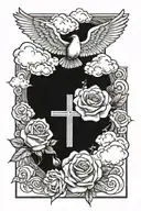 clouds, cross, rose, dove, bible verse tattoo design idea