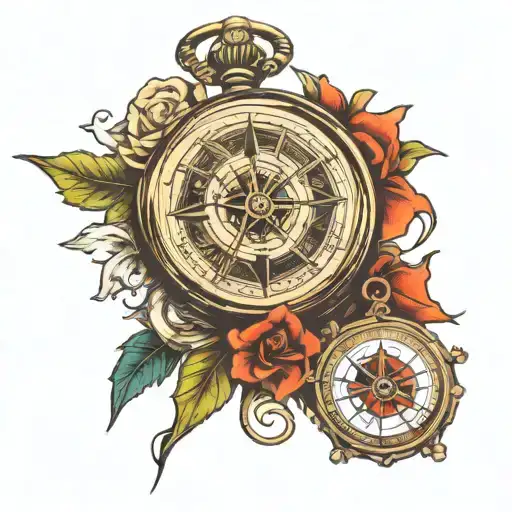 pocket watch and compass intertwined tattoo design idea